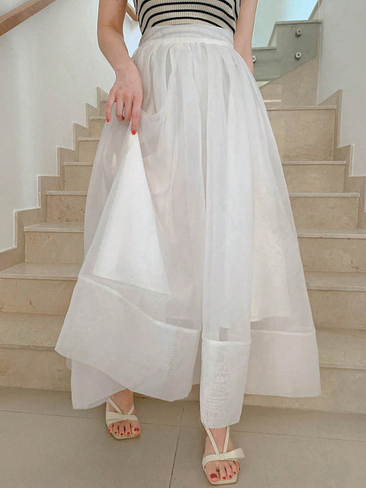 CM-BS906948 Women Trendy Bohemian Styke Solid Color High Waist Mesh Patchwork Fluffy Skirt - White