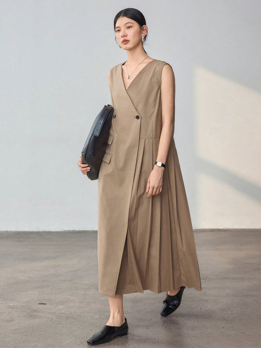 CM-DS711337 Women Casual Seoul Style Asymmetric Pleated Design V-Neck Sleeveless Midi Dress
