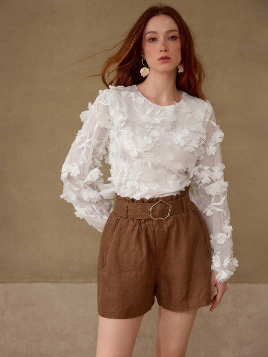 CM-TS800899 Women Elegant Seoul Style Appliques Round Neck Lantern Sleeve Top - White