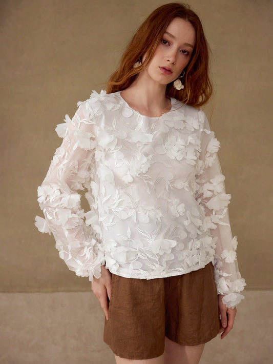CM-TS800899 Women Elegant Seoul Style Appliques Round Neck Lantern Sleeve Top - White