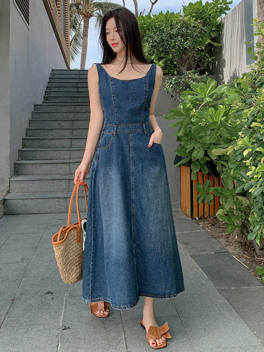CM-DS482012 Women Casual Seoul Style Medium Wash Scoop Neck Sleeveless Midi Denim Dress