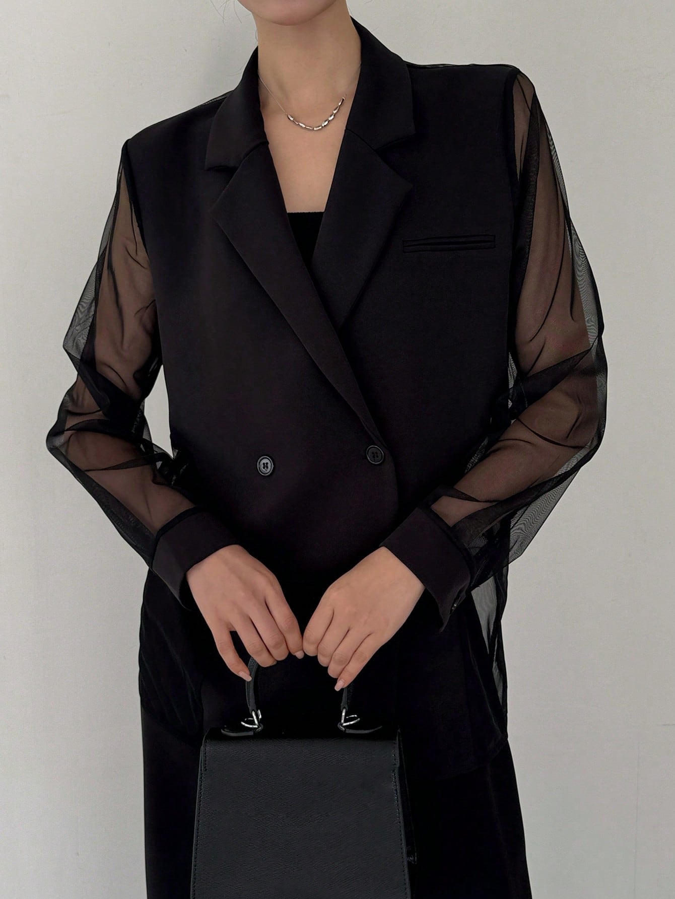 CM-CS348444 Women Casual Seoul Style Mesh Patchwork Long Sleeve Transparent Suit Jacket - Black