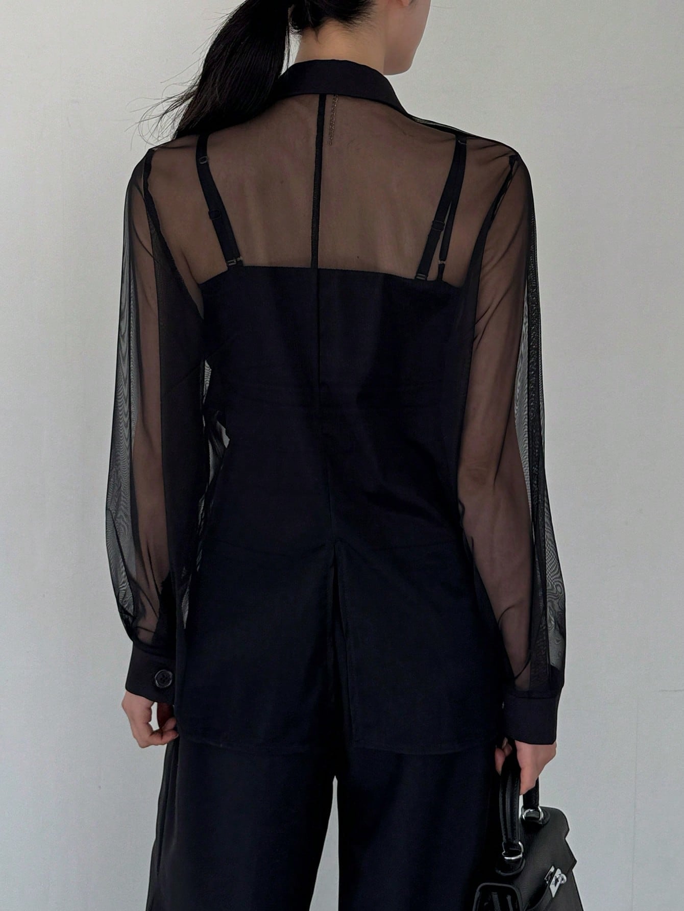 CM-CS348444 Women Casual Seoul Style Mesh Patchwork Long Sleeve Transparent Suit Jacket - Black