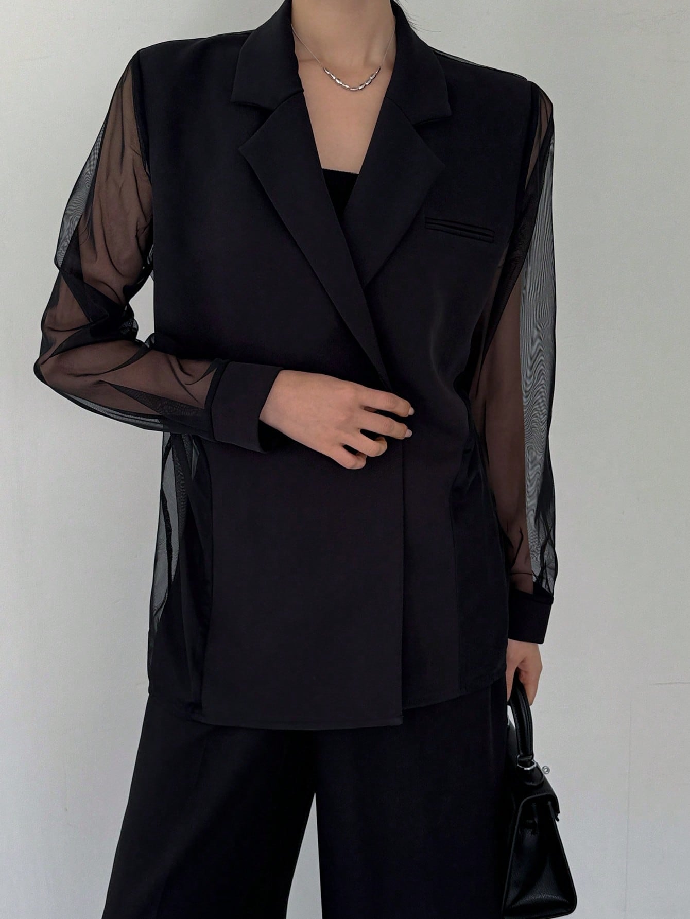 CM-CS348444 Women Casual Seoul Style Mesh Patchwork Long Sleeve Transparent Suit Jacket - Black