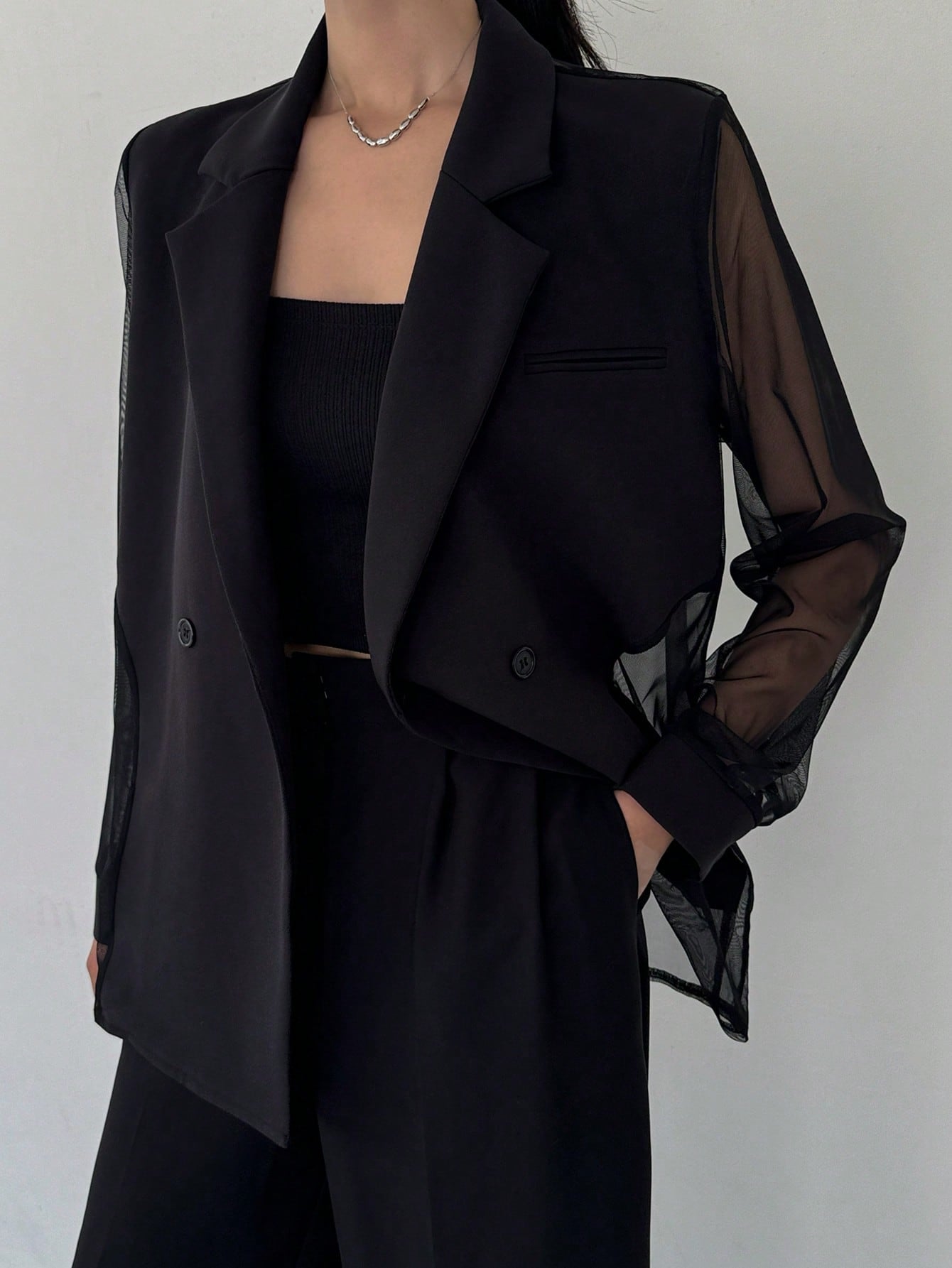 CM-CS348444 Women Casual Seoul Style Mesh Patchwork Long Sleeve Transparent Suit Jacket - Black