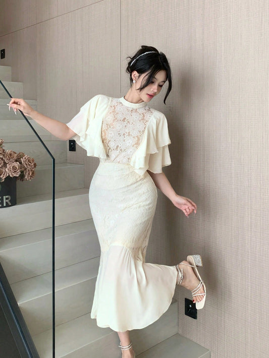 CM-SS585223 Women Elegant Seoul Style Lace Chiffon Patchwork Stand Collar Ruffle Sleeve Blouse With A-Line Skirt - Set