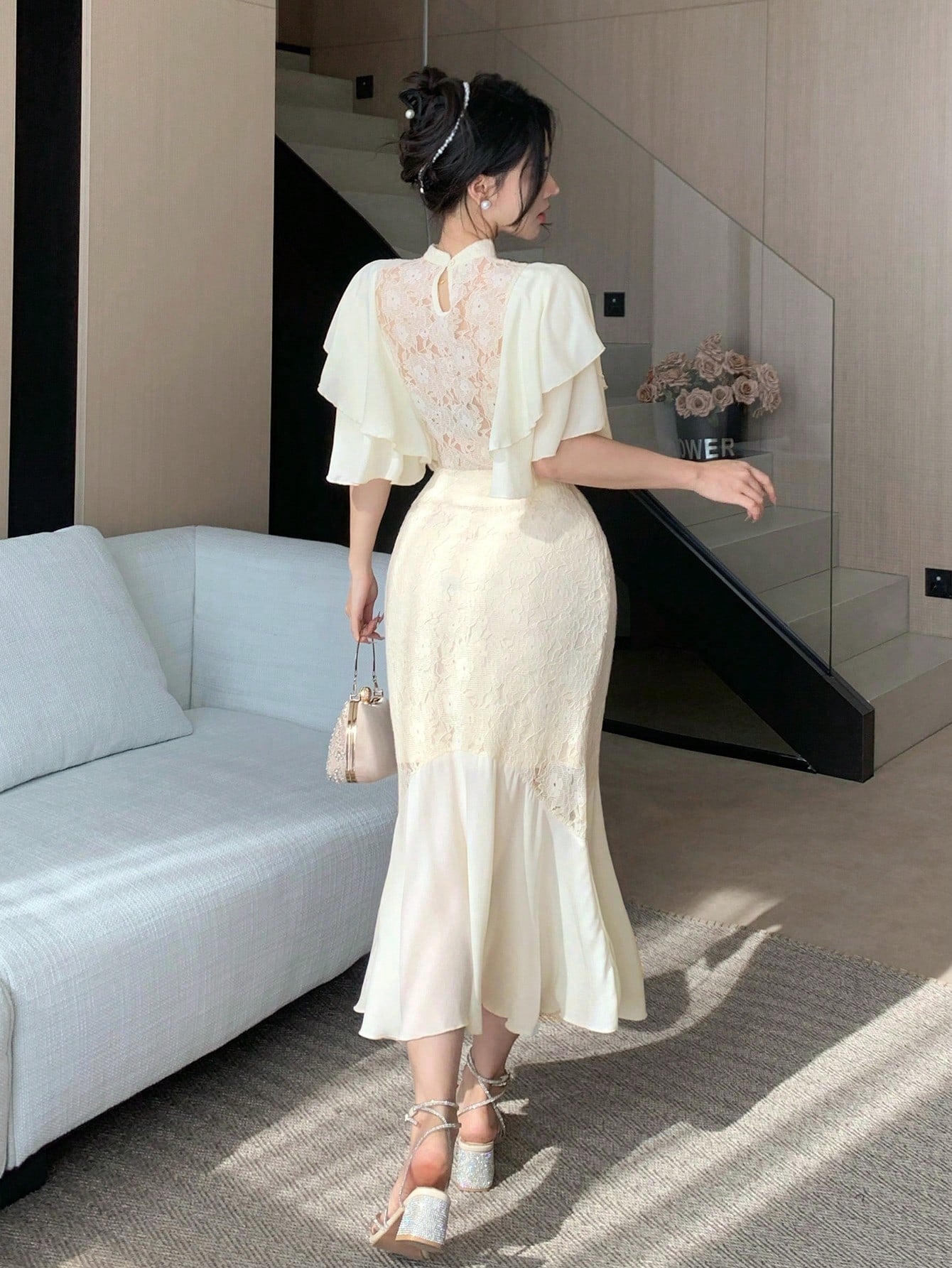 CM-SS585223 Women Elegant Seoul Style Lace Chiffon Patchwork Stand Collar Ruffle Sleeve Blouse With A-Line Skirt - Set