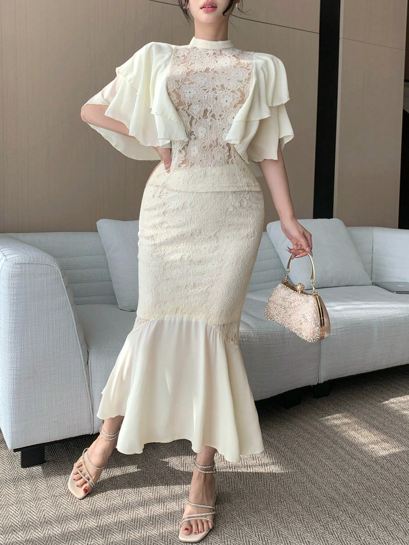 CM-SS585223 Women Elegant Seoul Style Lace Chiffon Patchwork Stand Collar Ruffle Sleeve Blouse With A-Line Skirt - Set