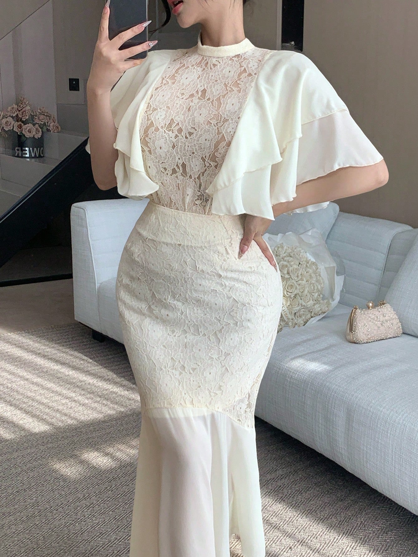 CM-SS585223 Women Elegant Seoul Style Lace Chiffon Patchwork Stand Collar Ruffle Sleeve Blouse With A-Line Skirt - Set