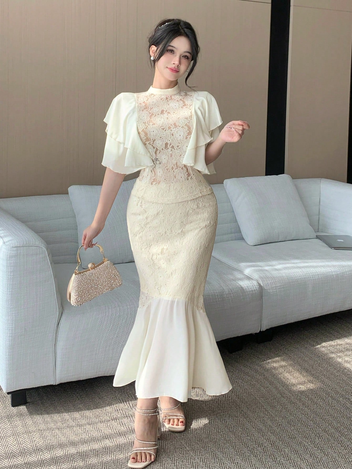CM-SS585223 Women Elegant Seoul Style Lace Chiffon Patchwork Stand Collar Ruffle Sleeve Blouse With A-Line Skirt - Set