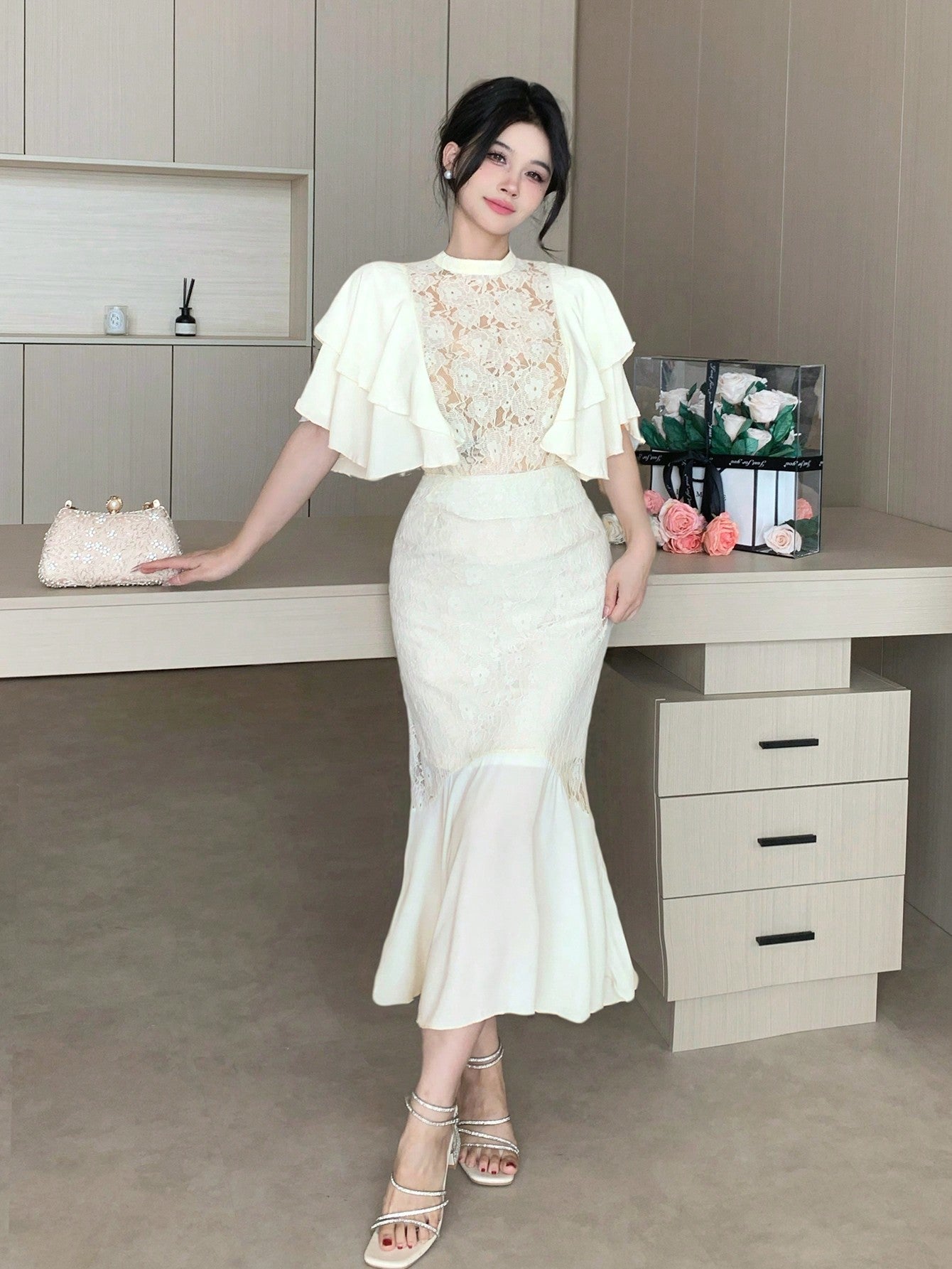 CM-SS585223 Women Elegant Seoul Style Lace Chiffon Patchwork Stand Collar Ruffle Sleeve Blouse With A-Line Skirt - Set