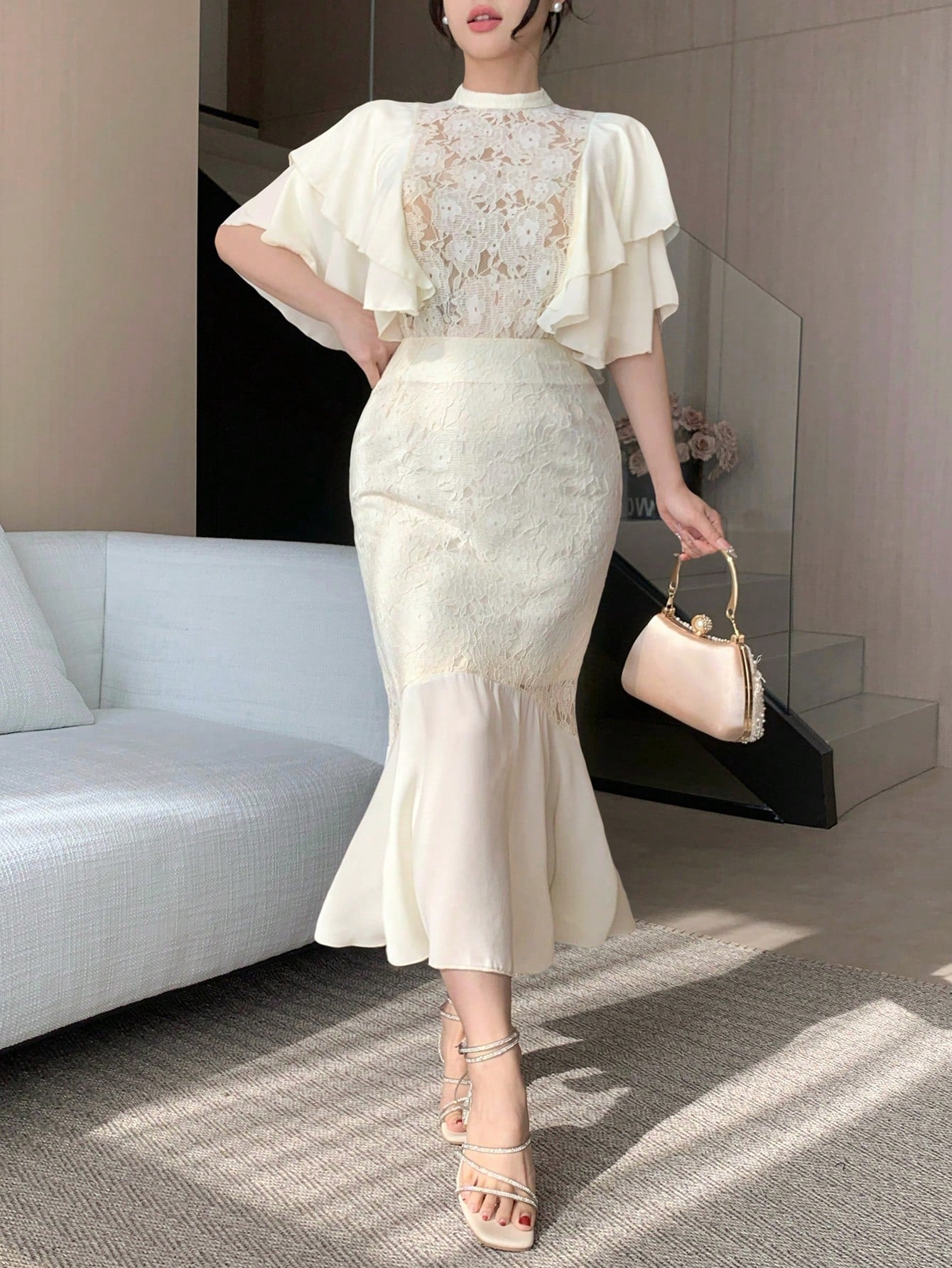 CM-SS585223 Women Elegant Seoul Style Lace Chiffon Patchwork Stand Collar Ruffle Sleeve Blouse With A-Line Skirt - Set