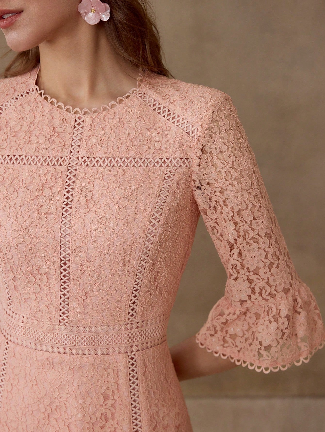 CM-DS663276 Women Elegant Seoul Style Round Neck Half Sleeve Lace Ruffle Hem A-Line Dress - Pink