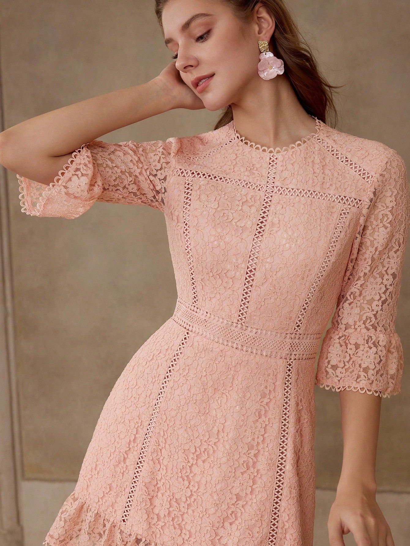 CM-DS663276 Women Elegant Seoul Style Round Neck Half Sleeve Lace Ruffle Hem A-Line Dress - Pink