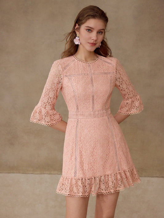 CM-DS663276 Women Elegant Seoul Style Round Neck Half Sleeve Lace Ruffle Hem A-Line Dress - Pink