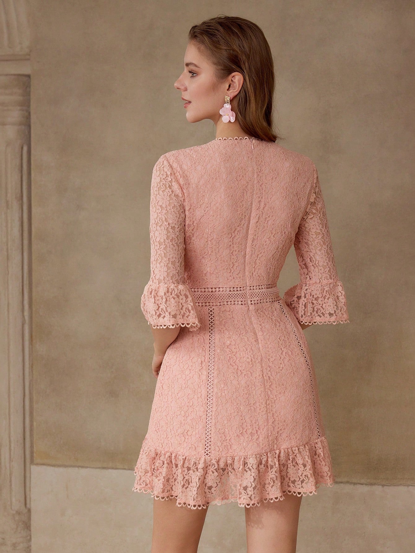 CM-DS663276 Women Elegant Seoul Style Round Neck Half Sleeve Lace Ruffle Hem A-Line Dress - Pink