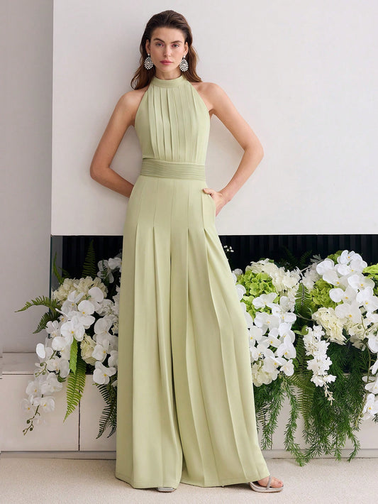 CM-JS952453 Women Elegant Seoul Style Round Neck Sleeveless Pleated Pocket Jumpsuit - Mint Green