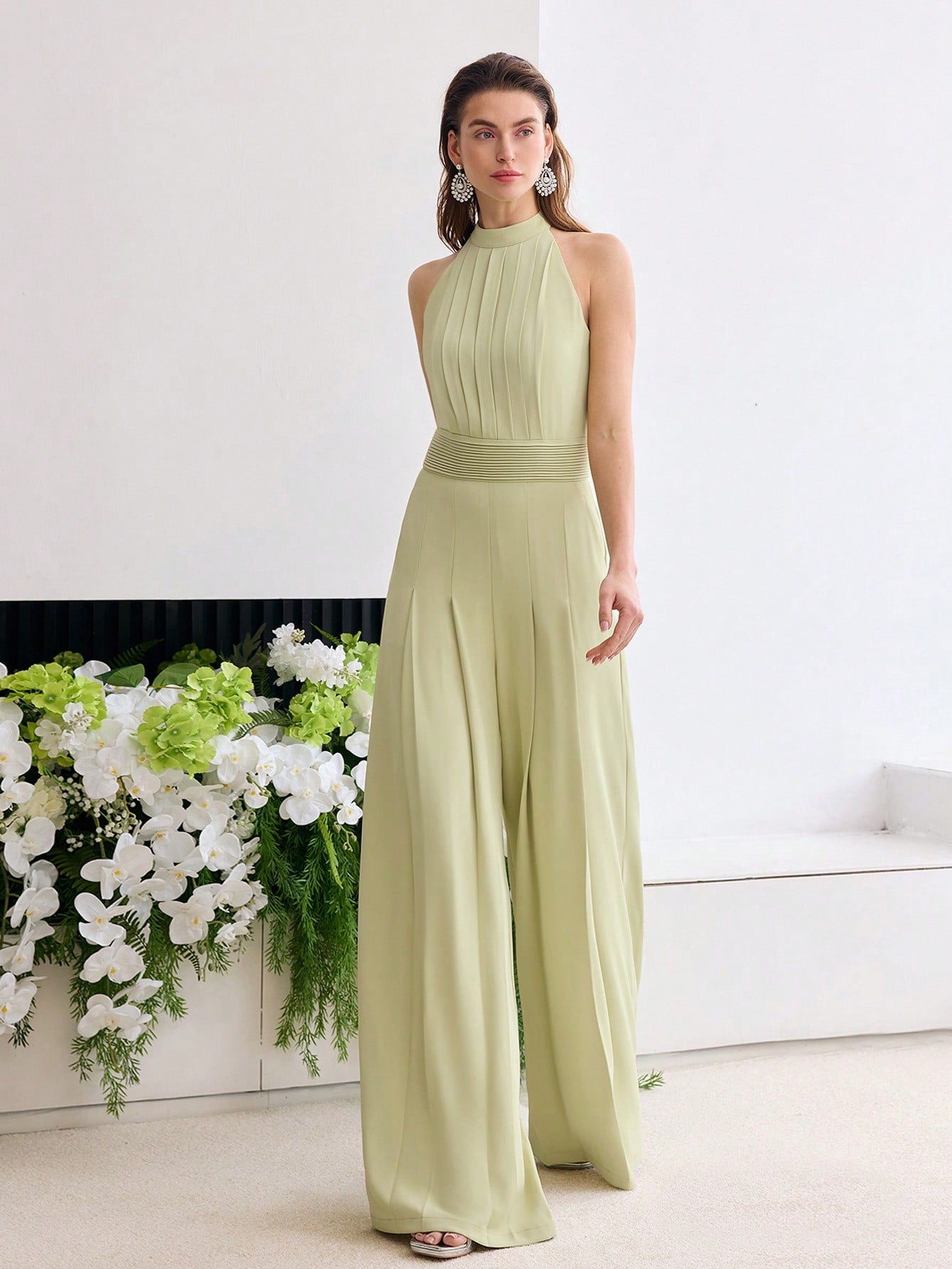 CM-JS952453 Women Elegant Seoul Style Round Neck Sleeveless Pleated Pocket Jumpsuit - Mint Green