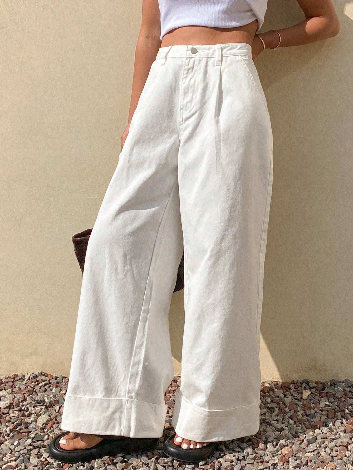 CM-BS010000 Women Casual Seoul Style Loose Mid Waist Solid Color Denim Jeans - White