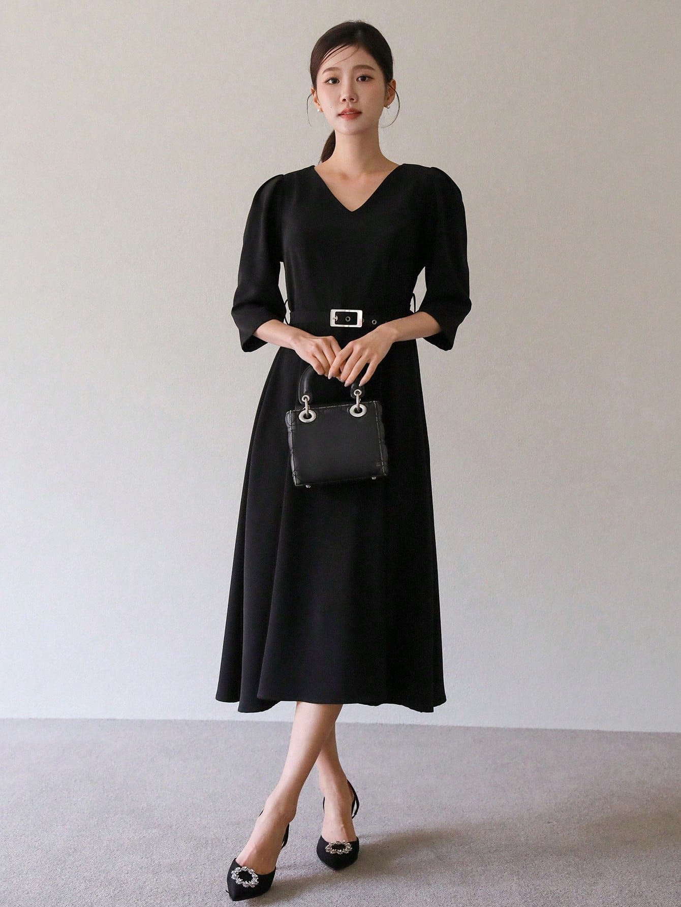 CM-DS667409 Women Elegant Seoul Style Solid Color V-Neck Fitted 3/4 Sleeve Belted Dress - Black