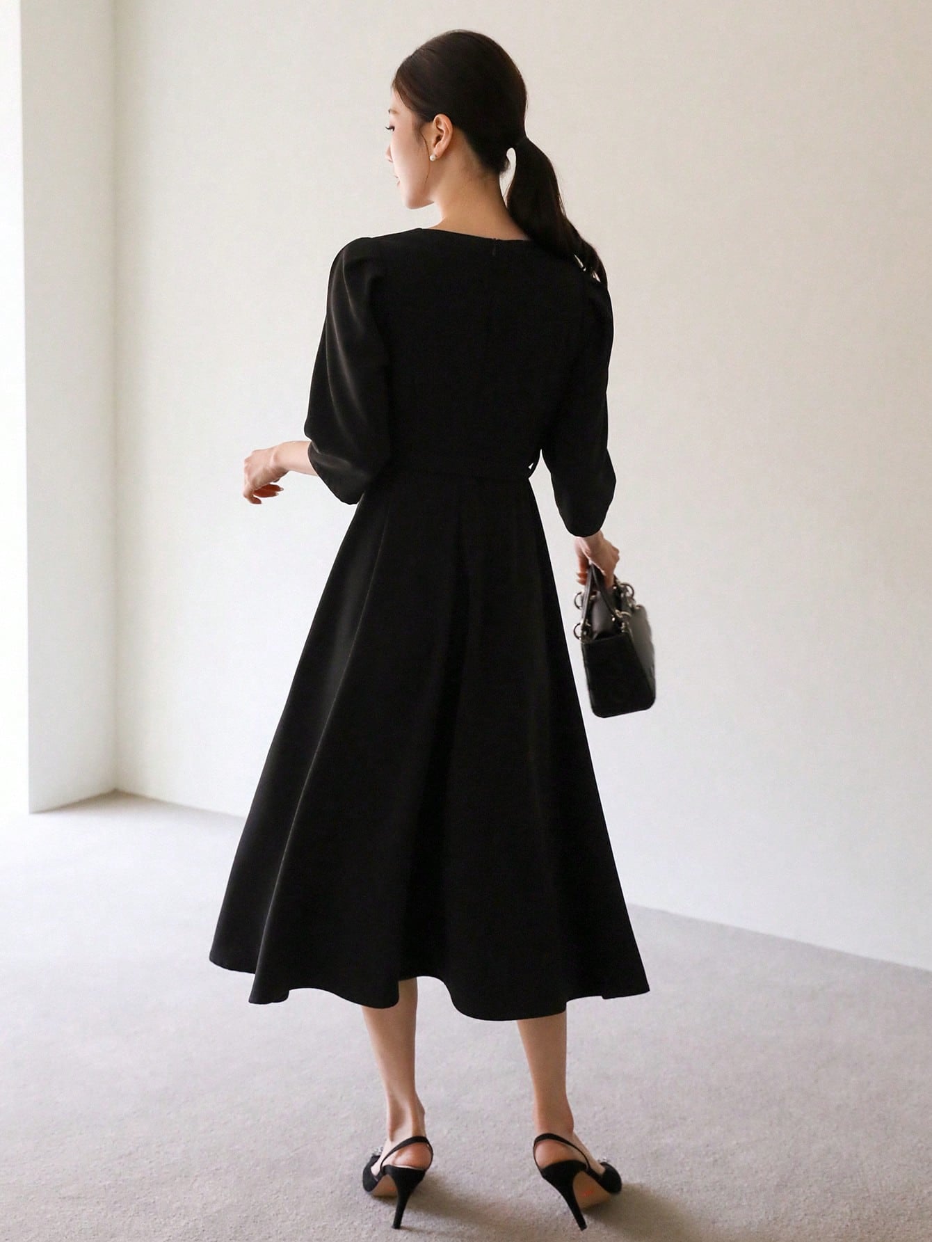 CM-DS667409 Women Elegant Seoul Style Solid Color V-Neck Fitted 3/4 Sleeve Belted Dress - Black