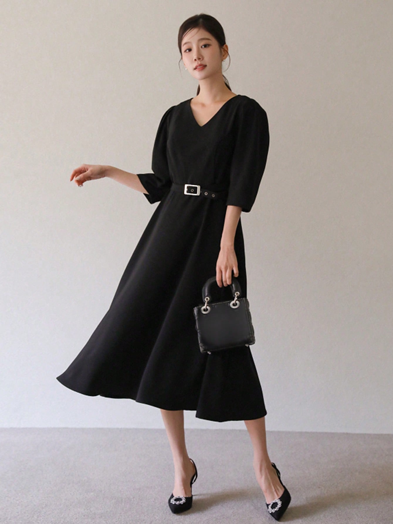 CM-DS667409 Women Elegant Seoul Style Solid Color V-Neck Fitted 3/4 Sleeve Belted Dress - Black