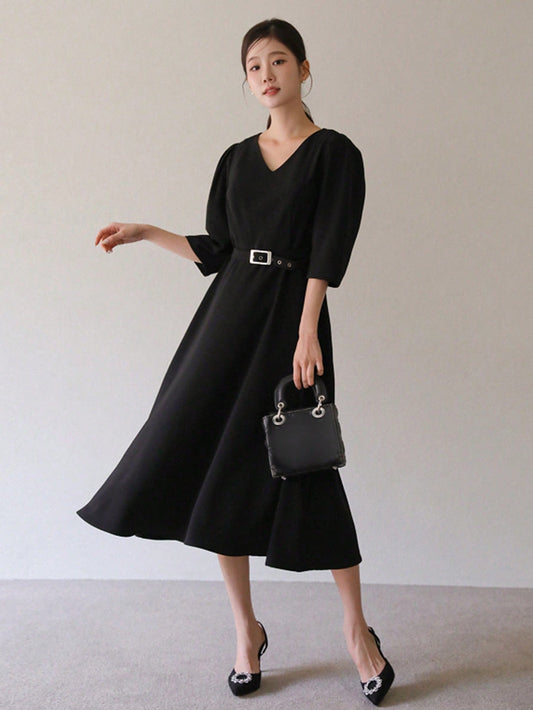 CM-DS667409 Women Elegant Seoul Style Solid Color V-Neck Fitted 3/4 Sleeve Belted Dress - Black