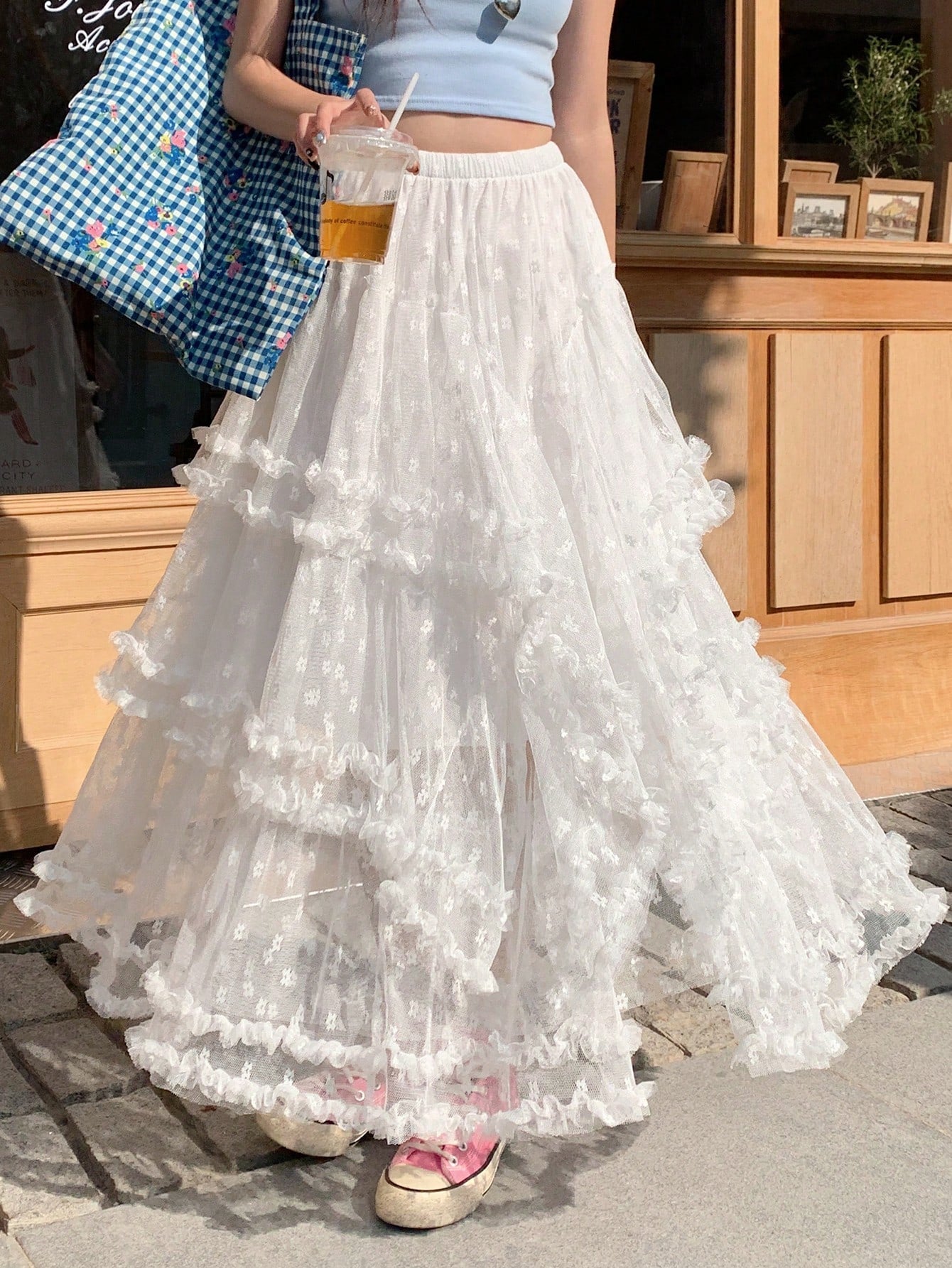 CM-BS913929 Women Trendy Bohemian Style Embroidery Mesh Loose A-Line Skirt - White