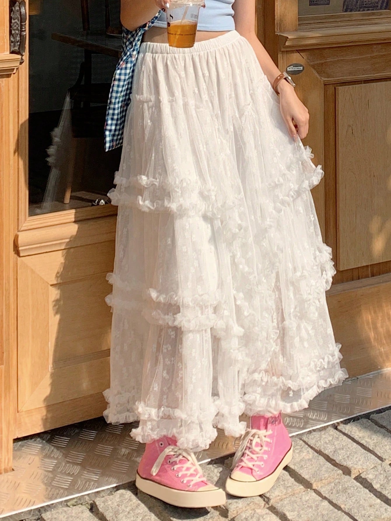 CM-BS913929 Women Trendy Bohemian Style Embroidery Mesh Loose A-Line Skirt - White