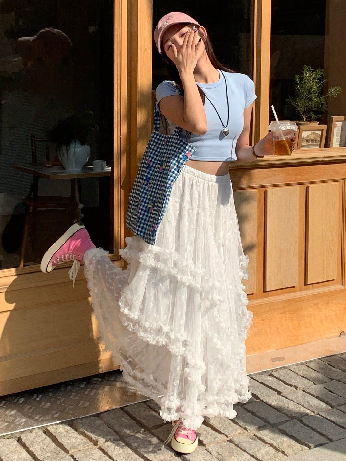 CM-BS913929 Women Trendy Bohemian Style Embroidery Mesh Loose A-Line Skirt - White