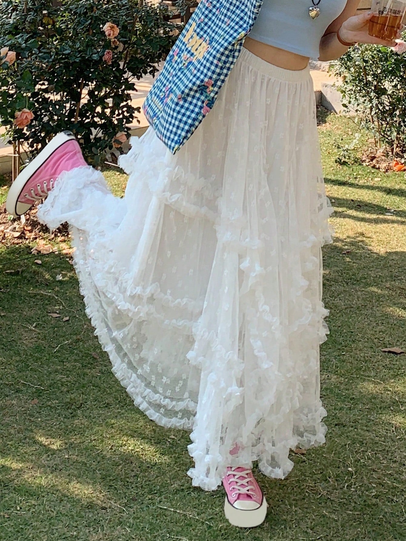 CM-BS913929 Women Trendy Bohemian Style Embroidery Mesh Loose A-Line Skirt - White