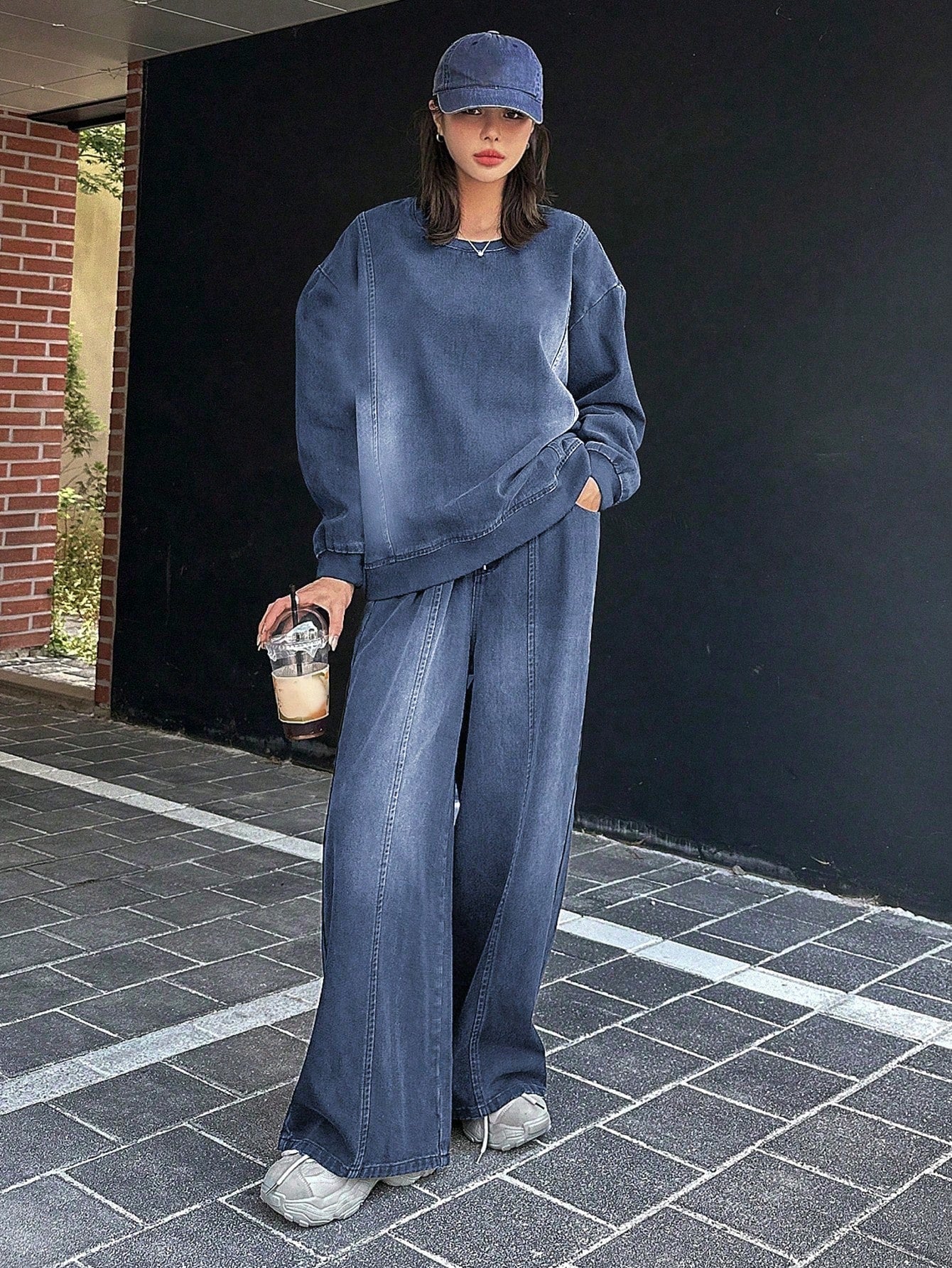 CM-SS348405 Women Casual Seoul Style Round Neck Drop Shoulder Loose Top With Wide Leg Jeans Denim - Set