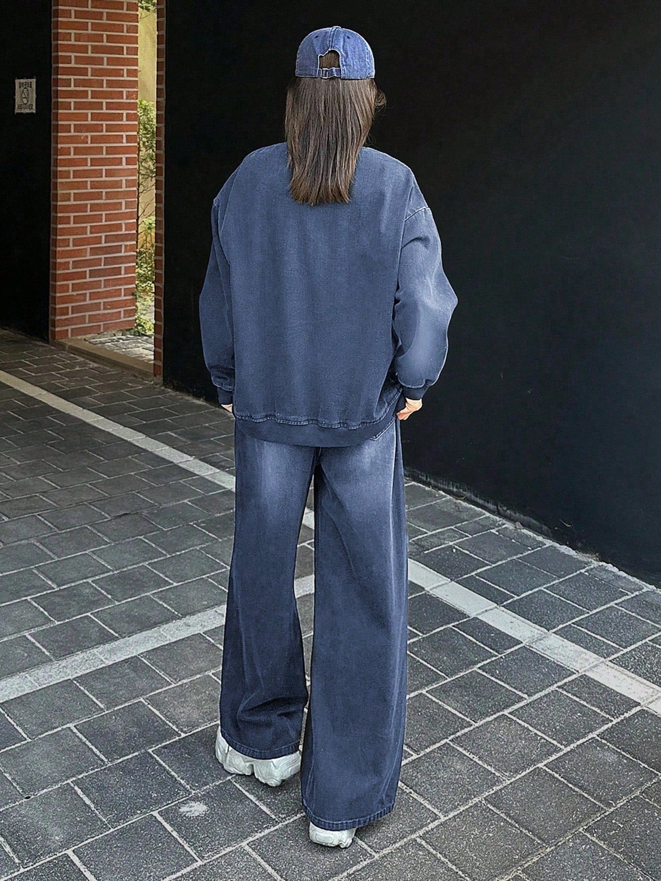 CM-SS348405 Women Casual Seoul Style Round Neck Drop Shoulder Loose Top With Wide Leg Jeans Denim - Set