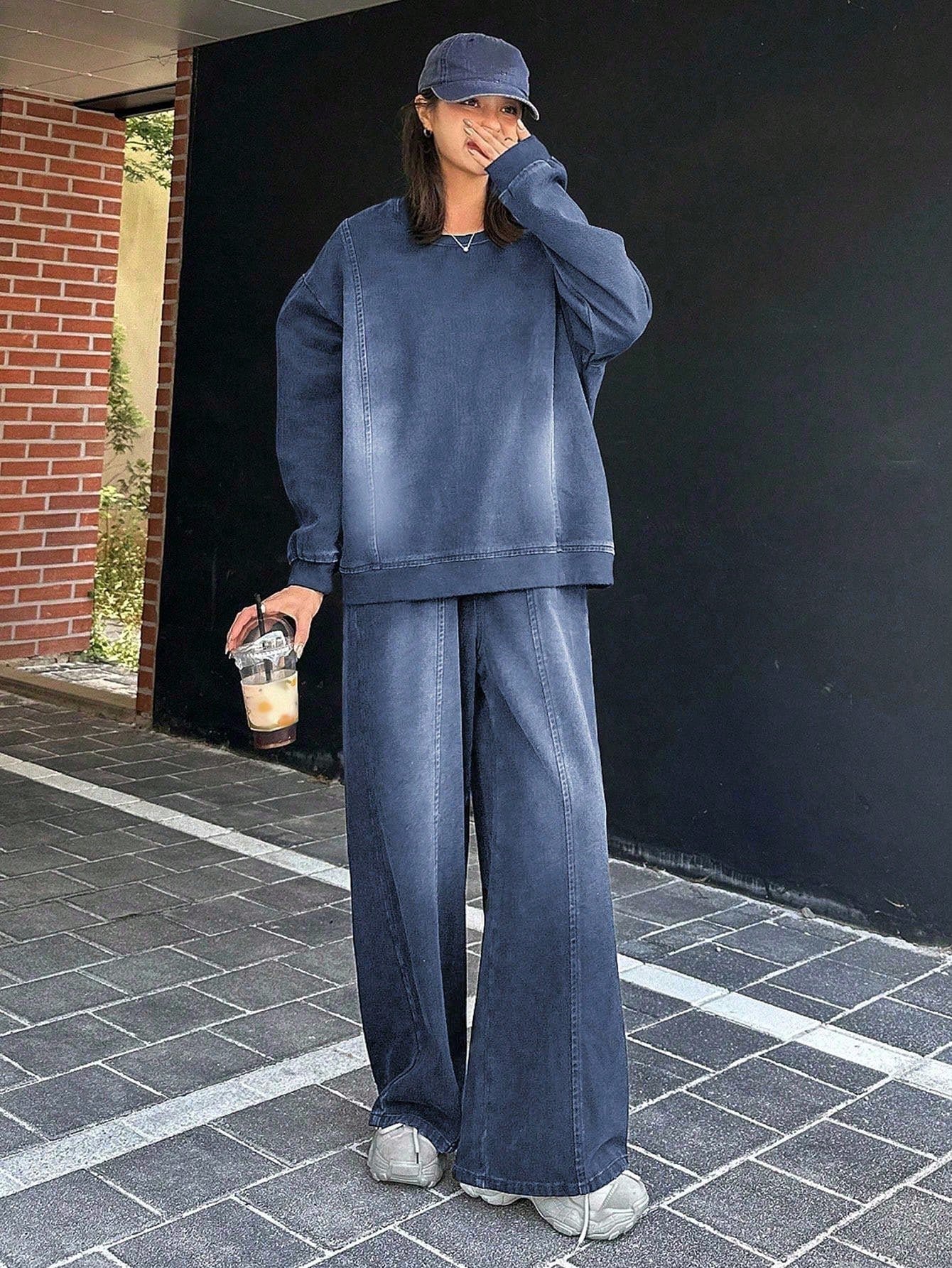 CM-SS348405 Women Casual Seoul Style Round Neck Drop Shoulder Loose Top With Wide Leg Jeans Denim - Set