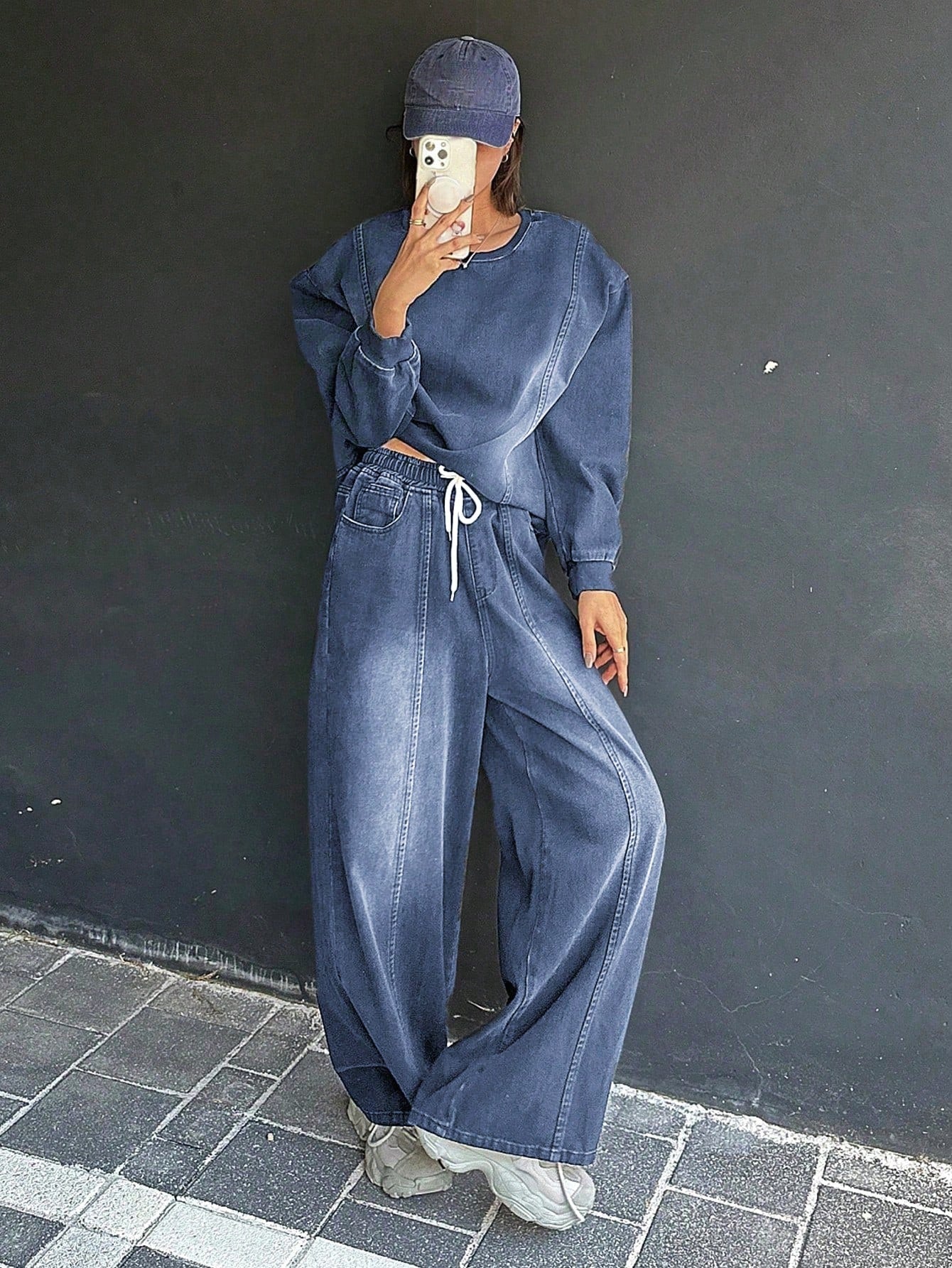 CM-SS348405 Women Casual Seoul Style Round Neck Drop Shoulder Loose Top With Wide Leg Jeans Denim - Set