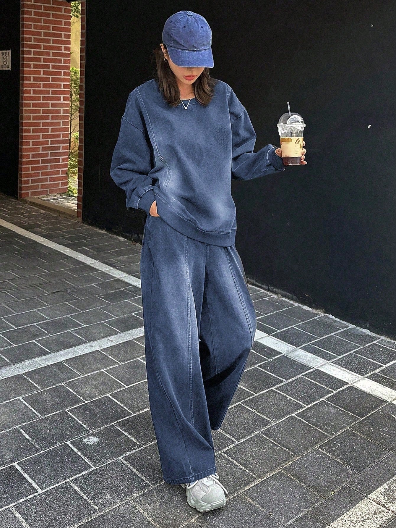 CM-SS348405 Women Casual Seoul Style Round Neck Drop Shoulder Loose Top With Wide Leg Jeans Denim - Set