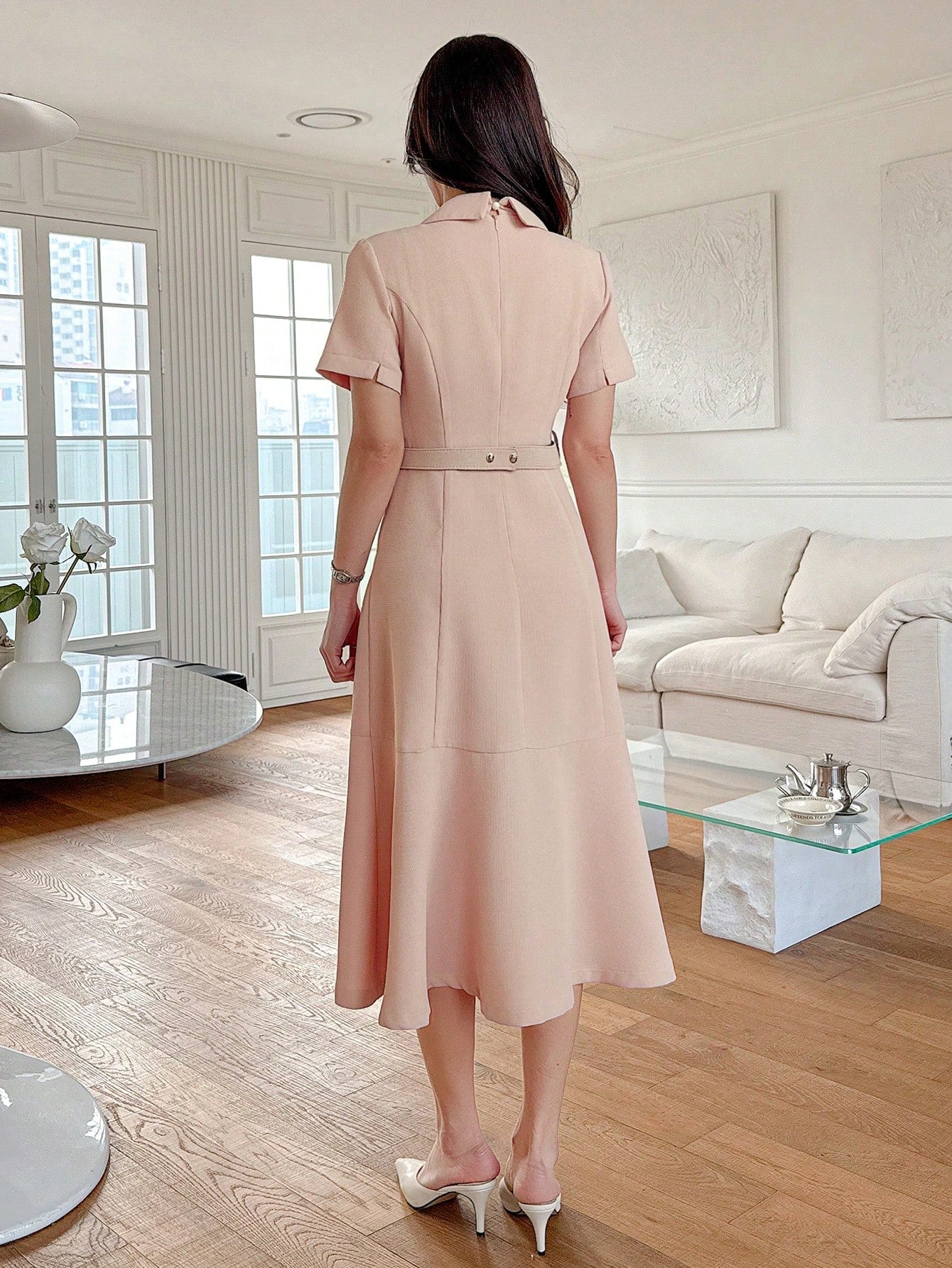 CM-DS525744 Women Elegant Seoul Style Solid Color Blazer Collar Mid-Calf A-Line Dress - Pink