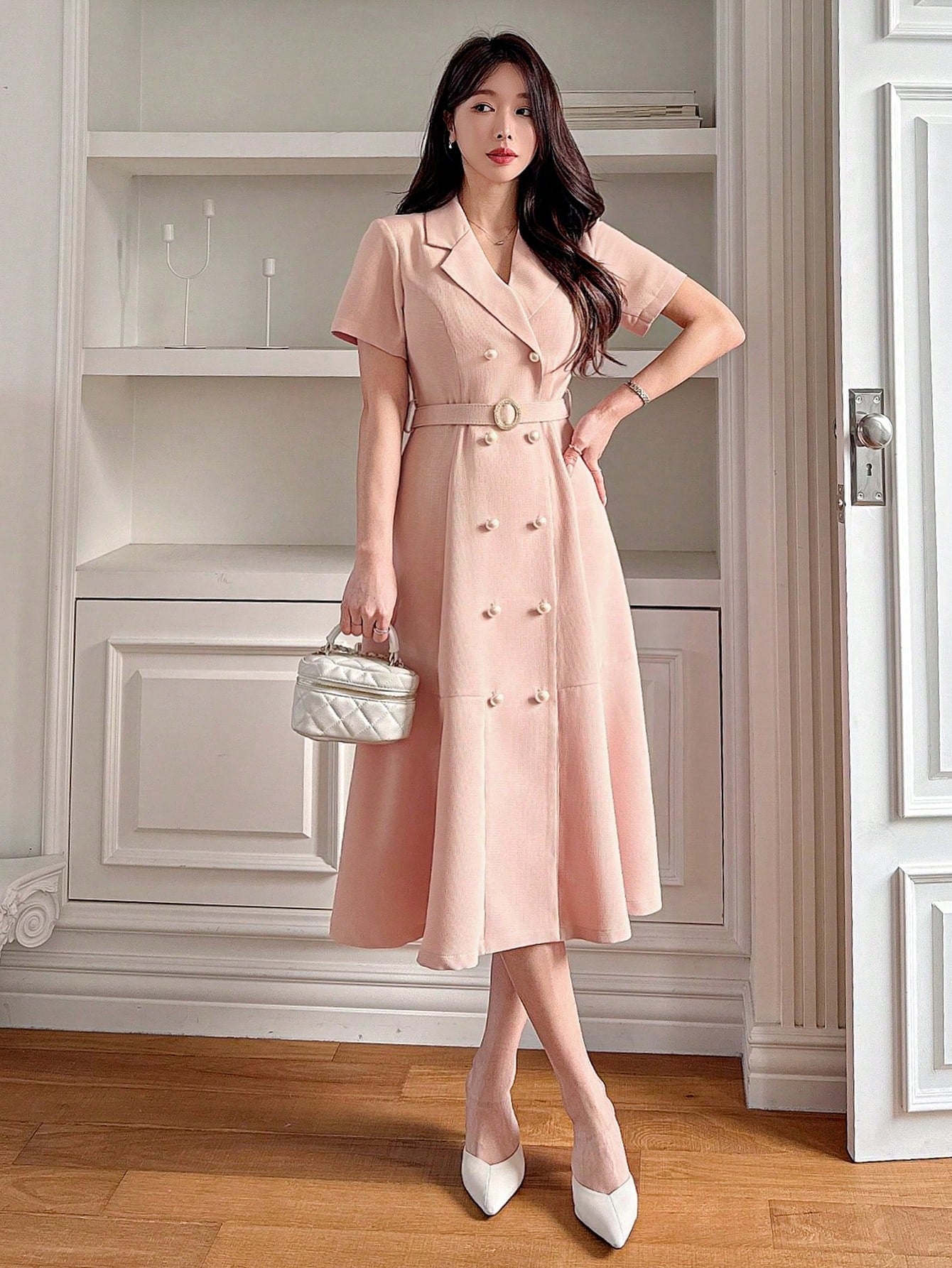 CM-DS525744 Women Elegant Seoul Style Solid Color Blazer Collar Mid-Calf A-Line Dress - Pink