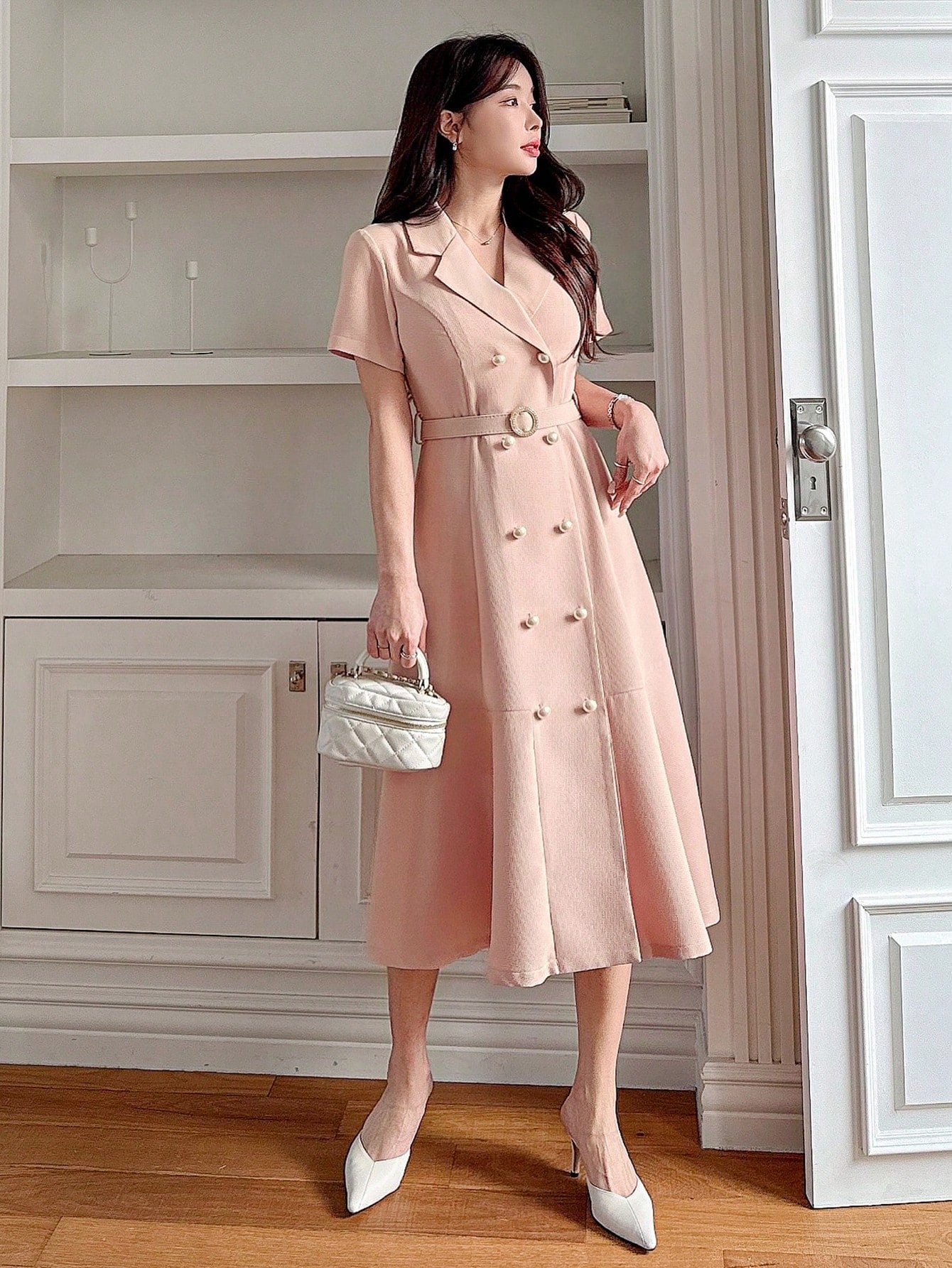 CM-DS525744 Women Elegant Seoul Style Solid Color Blazer Collar Mid-Calf A-Line Dress - Pink
