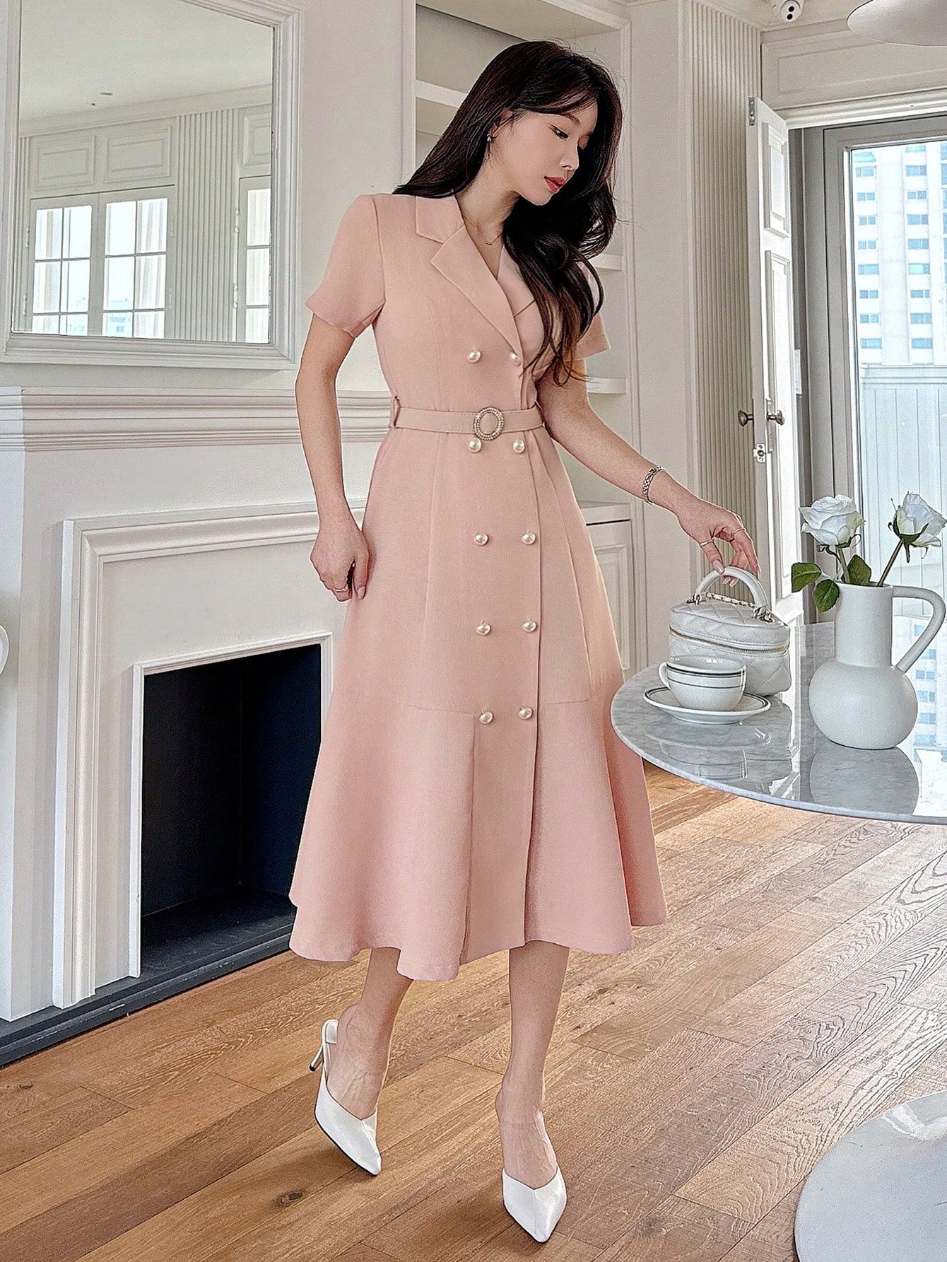 CM-DS525744 Women Elegant Seoul Style Solid Color Blazer Collar Mid-Calf A-Line Dress - Pink