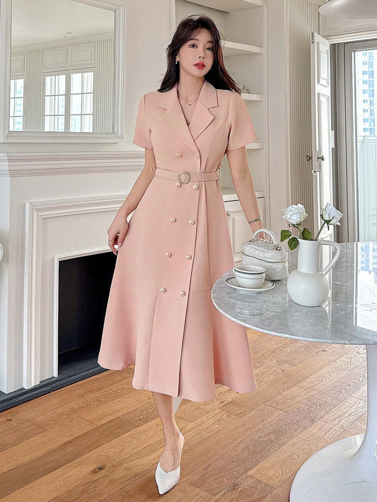 CM-DS525744 Women Elegant Seoul Style Solid Color Blazer Collar Mid-Calf A-Line Dress - Pink