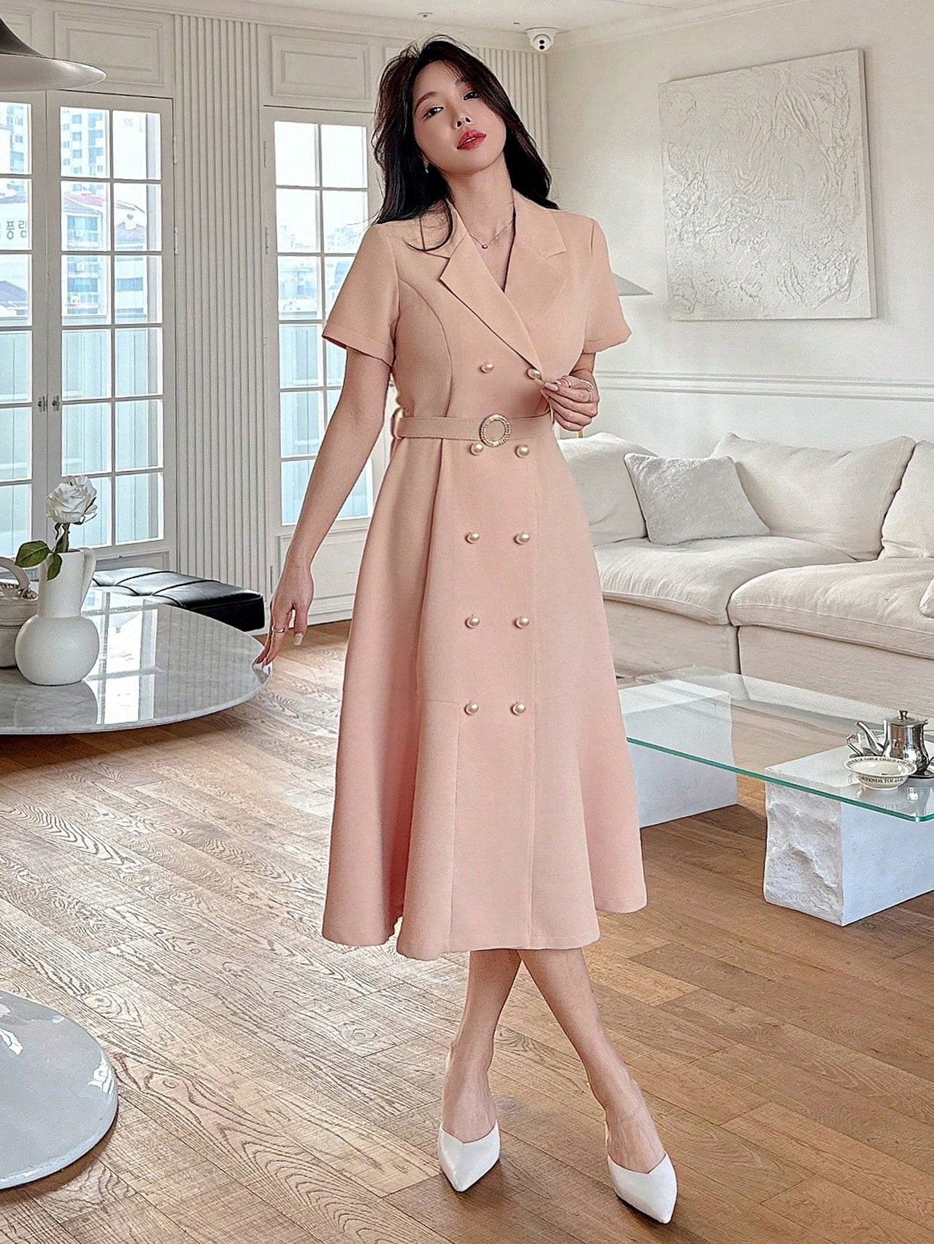 CM-DS525744 Women Elegant Seoul Style Solid Color Blazer Collar Mid-Calf A-Line Dress - Pink