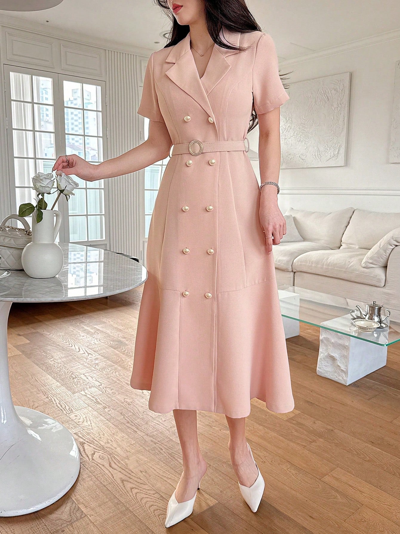 CM-DS525744 Women Elegant Seoul Style Solid Color Blazer Collar Mid-Calf A-Line Dress - Pink