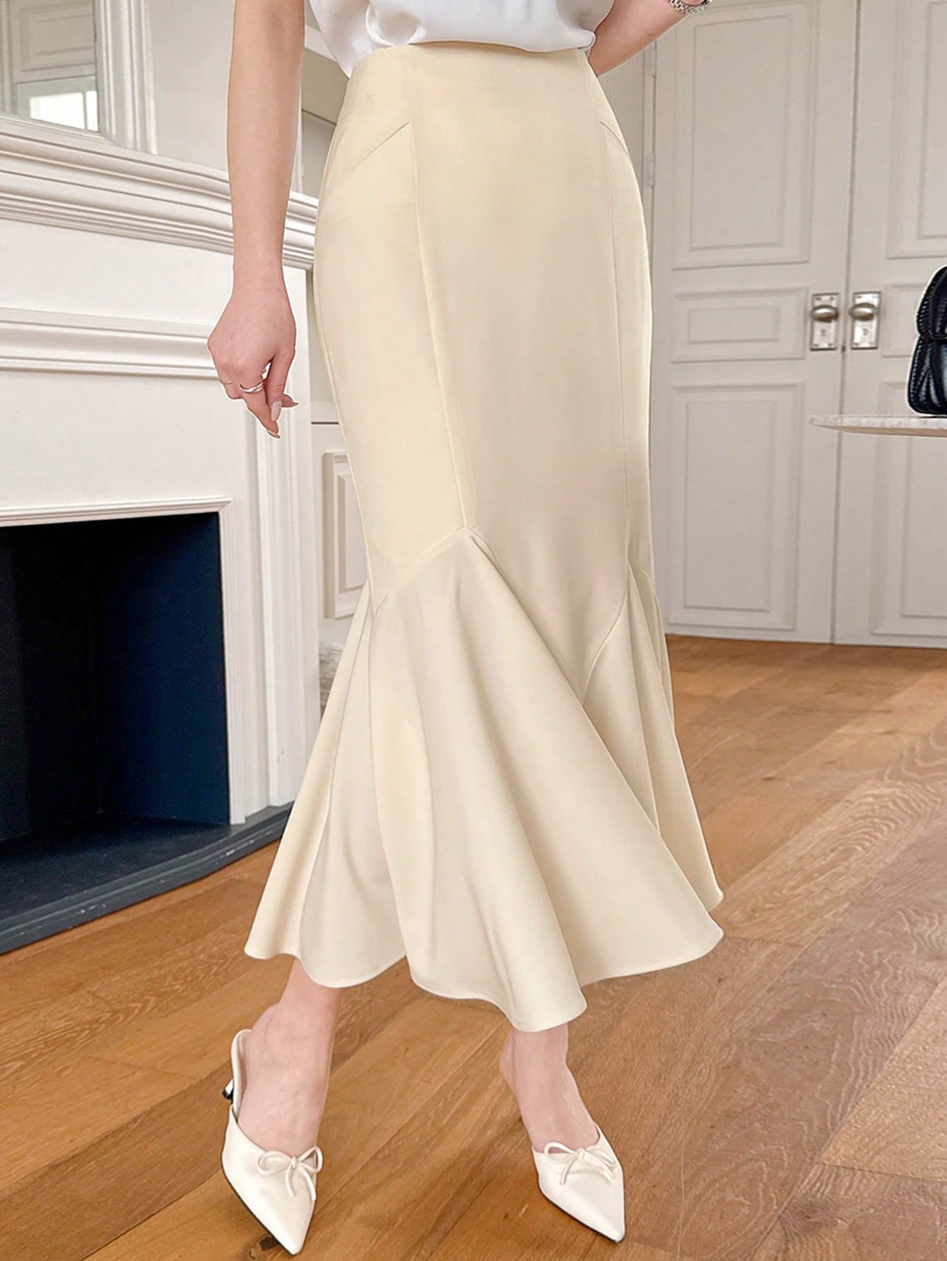 CM-BS962812 Women Elegant Seoul Style Solid Color Asymmetrical Ruffle Hem Fishtail Skirt - Beige