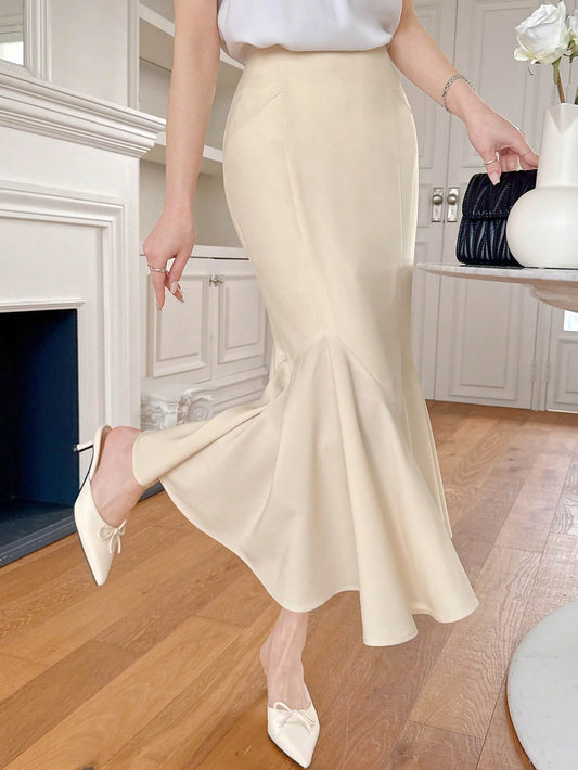CM-BS962812 Women Elegant Seoul Style Solid Color Asymmetrical Ruffle Hem Fishtail Skirt - Beige