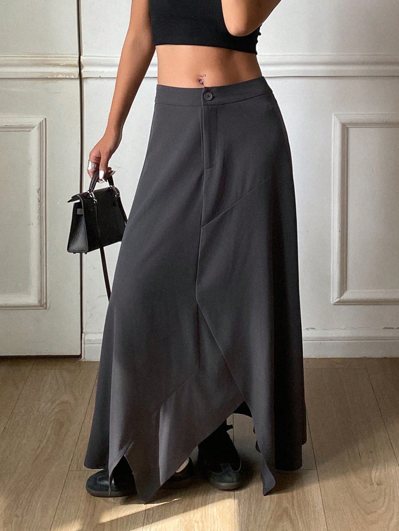 CM-BS804145 Women Casual Seoul Style Asymmetrical Hemline Loose Patchwork Skirt - Gray
