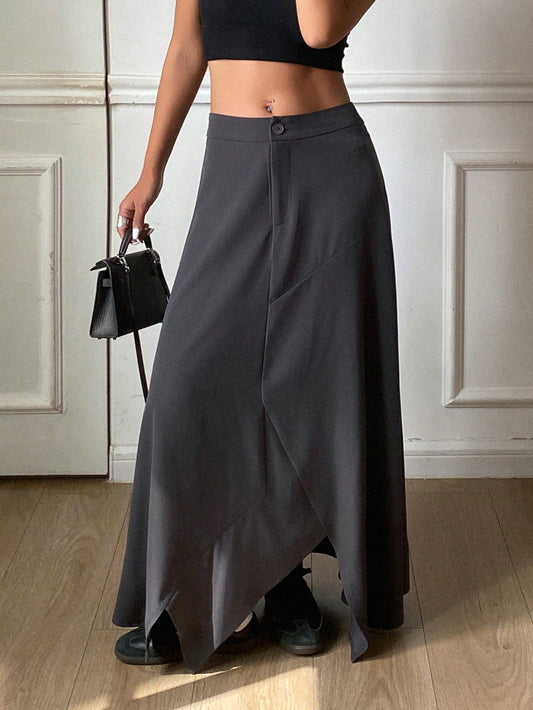CM-BS804145 Women Casual Seoul Style Asymmetrical Hemline Loose Patchwork Skirt - Gray
