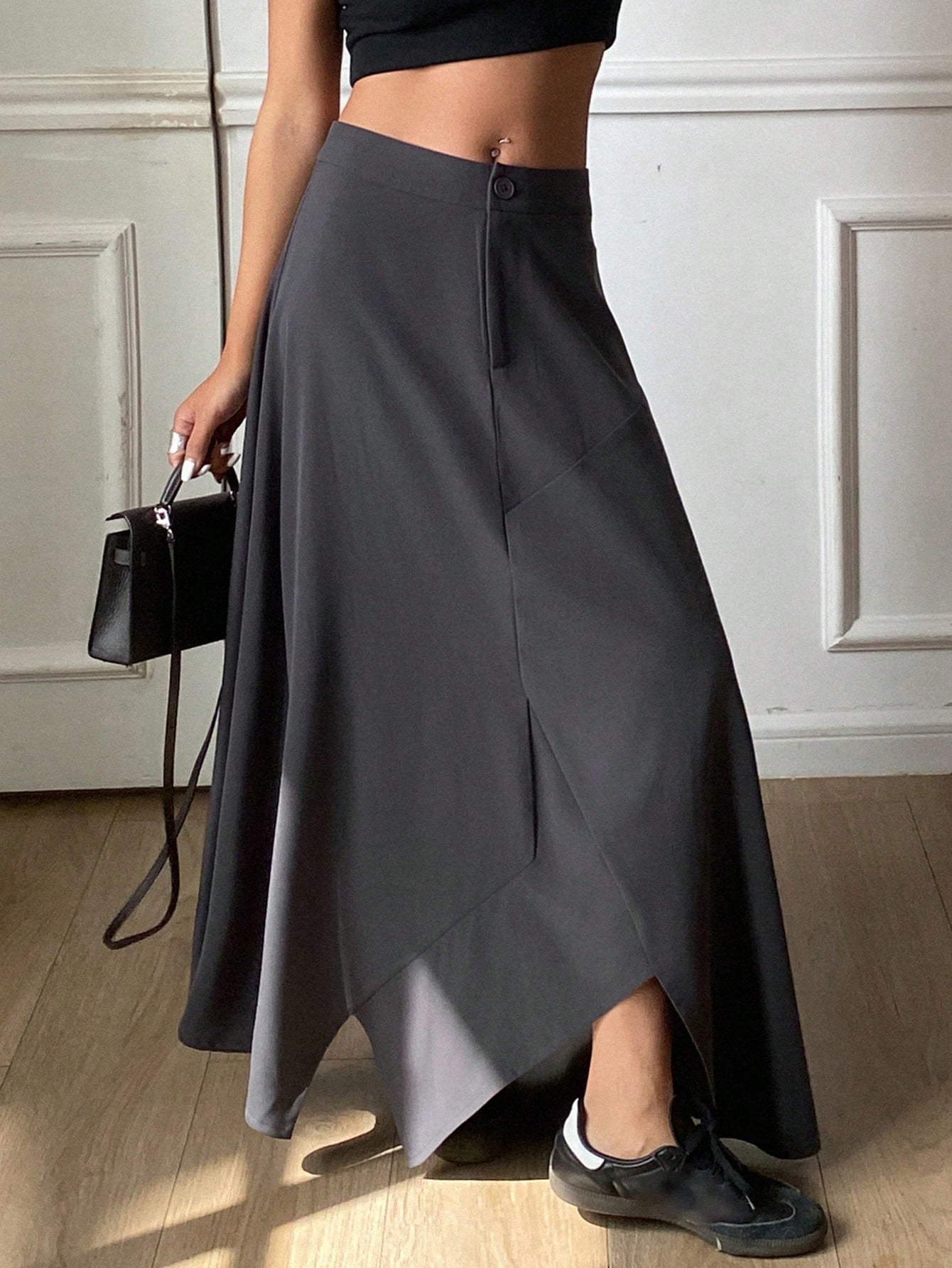 CM-BS804145 Women Casual Seoul Style Asymmetrical Hemline Loose Patchwork Skirt - Gray