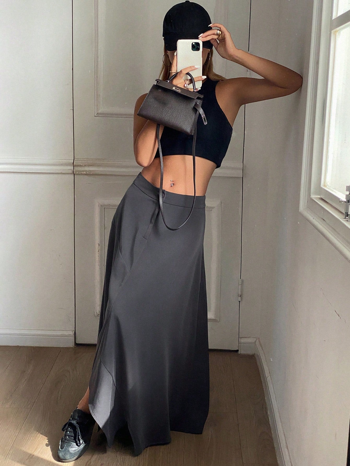 CM-BS804145 Women Casual Seoul Style Asymmetrical Hemline Loose Patchwork Skirt - Gray