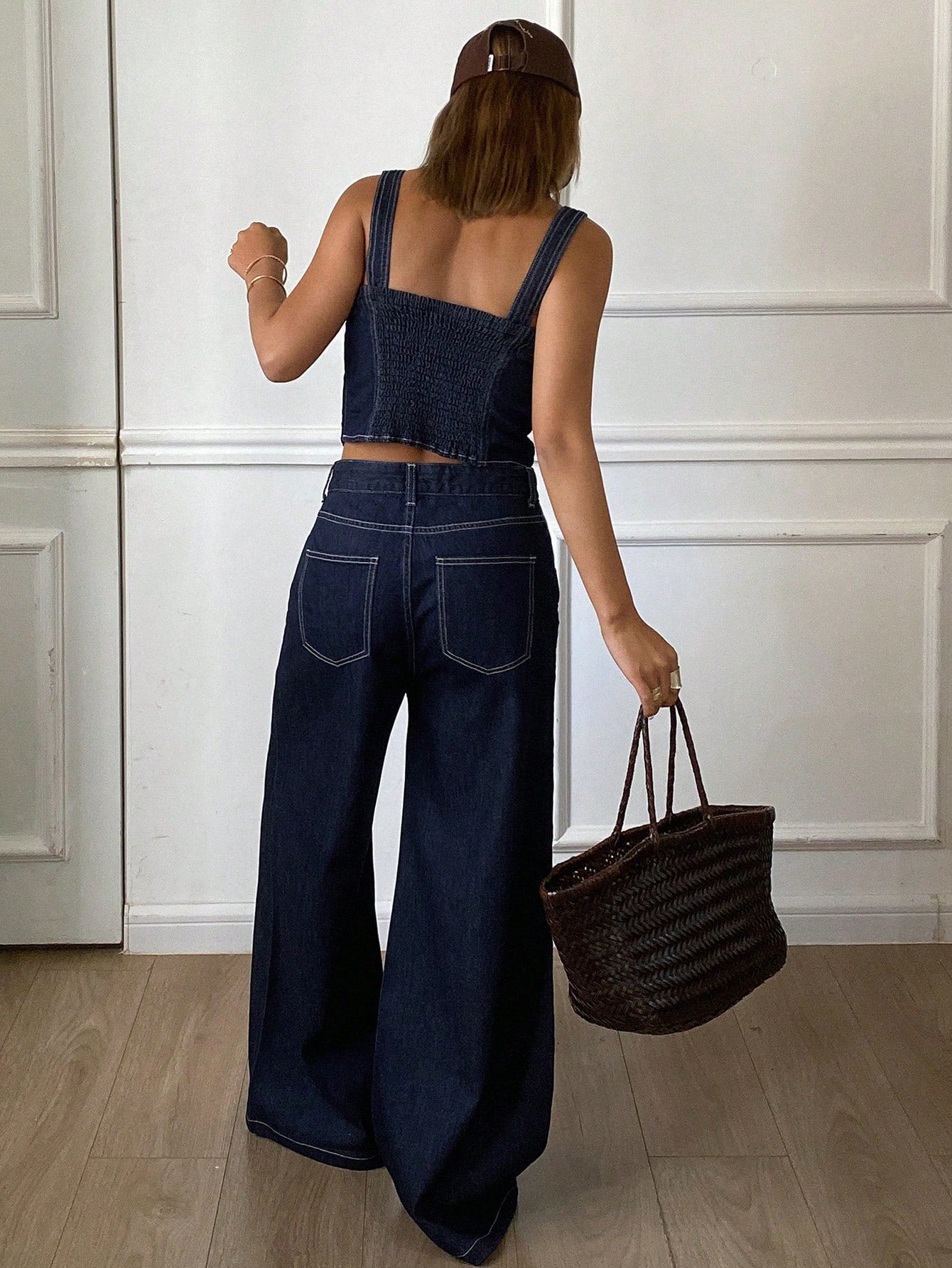 CM-SS216666 Women Casual Seoul Style Solid Color Cropped Tank Top With Wide Leg Jeans - Set
